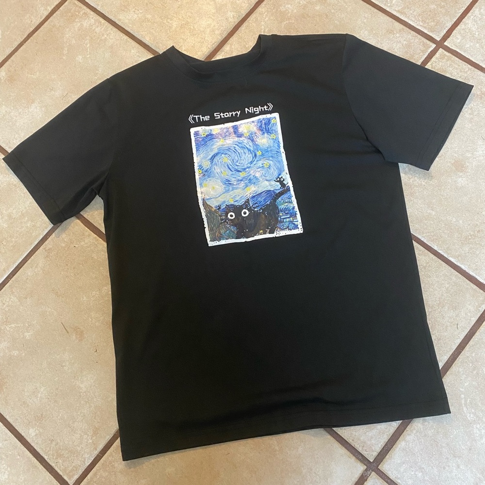 (A145) Mens Size Small Black T-Shirt with Starry Night Print by Shein Like New